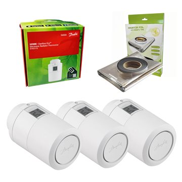 3 stk. Danfoss Eco™ Bluetooth radiatortermostater til smartphone + 1pk. radiatorfolie